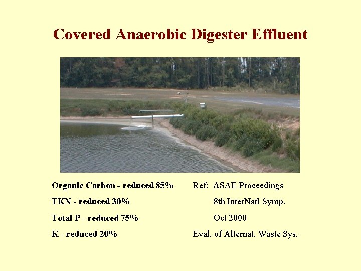 Covered Anaerobic Digester Effluent Organic Carbon - reduced 85% Ref: ASAE Proceedings TKN -