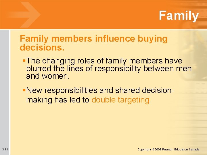 Family members influence buying decisions. §The changing roles of family members have blurred the