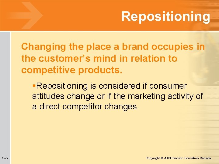 Repositioning Changing the place a brand occupies in the customer’s mind in relation to