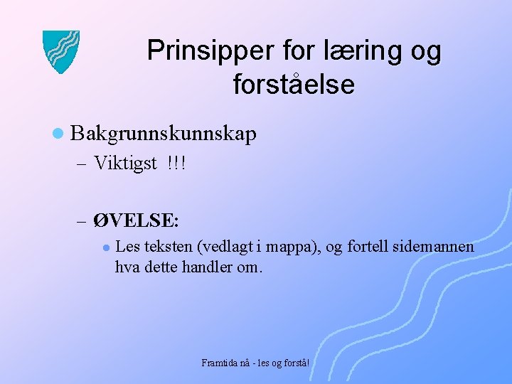 Prinsipper for læring og forståelse l Bakgrunnskap – Viktigst !!! – ØVELSE: l Les