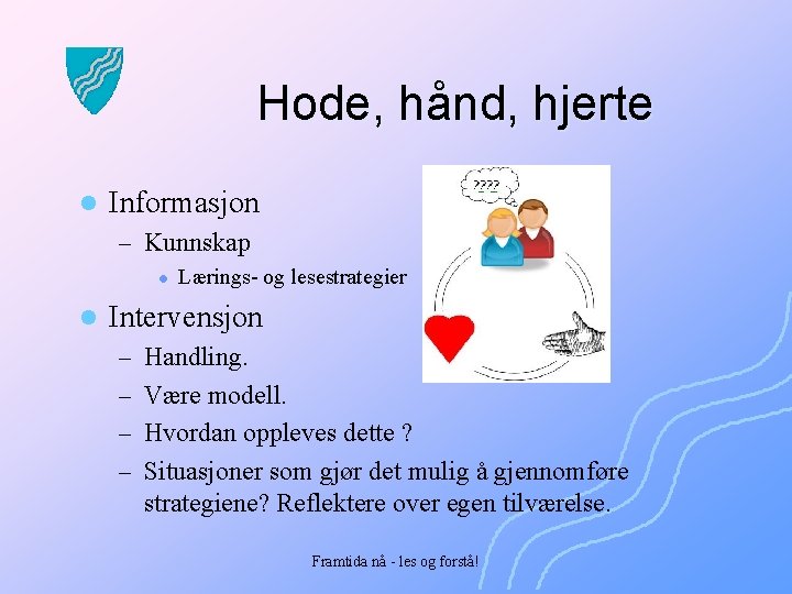 Hode, hånd, hjerte l Informasjon – Kunnskap l l Lærings- og lesestrategier Intervensjon –