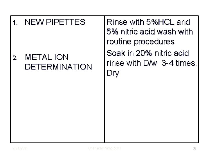 1. NEW PIPETTES 2. METAL ION DETERMINATION 9/21/2021 Rinse with 5%HCL and 5% nitric