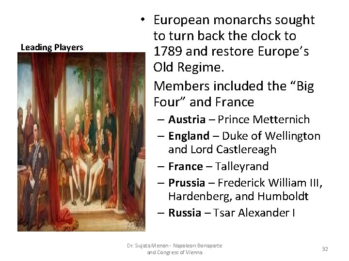 Leading Players • European monarchs sought to turn back the clock to 1789 and