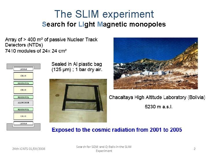 The SLIM experiment Search for LIght Magnetic monopoles 24 th ICNTS 01/09/2008 Search for
