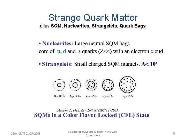 Strange Quark Matter alias SQM, Nuclearites, Strangelets, Quark Bags 24 th ICNTS 01/09/2008 Search