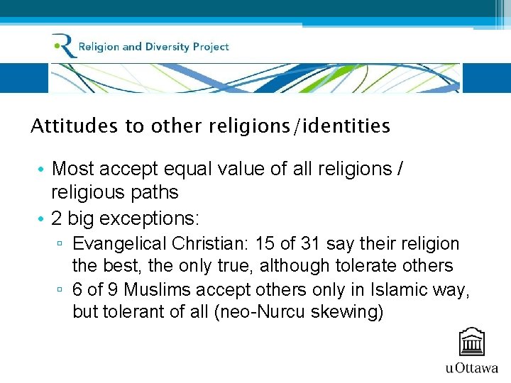 Attitudes to other religions/identities • Most accept equal value of all religions / religious