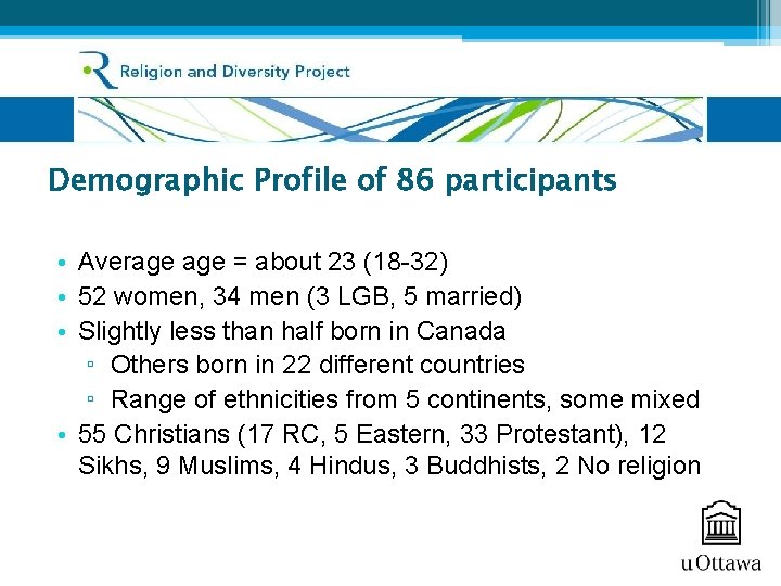 Demographic Profile of 86 participants • Average = about 23 (18 -32) • 52