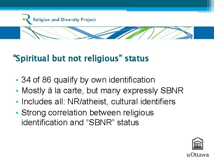 “Spiritual but not religious” status • • 34 of 86 qualify by own identification