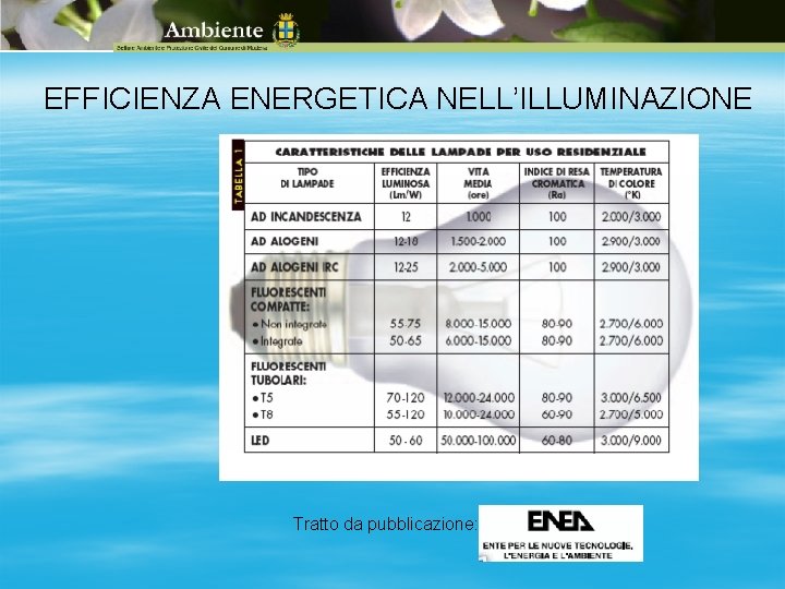 EFFICIENZA ENERGETICA NELL’ILLUMINAZIONE Tratto da pubblicazione: 