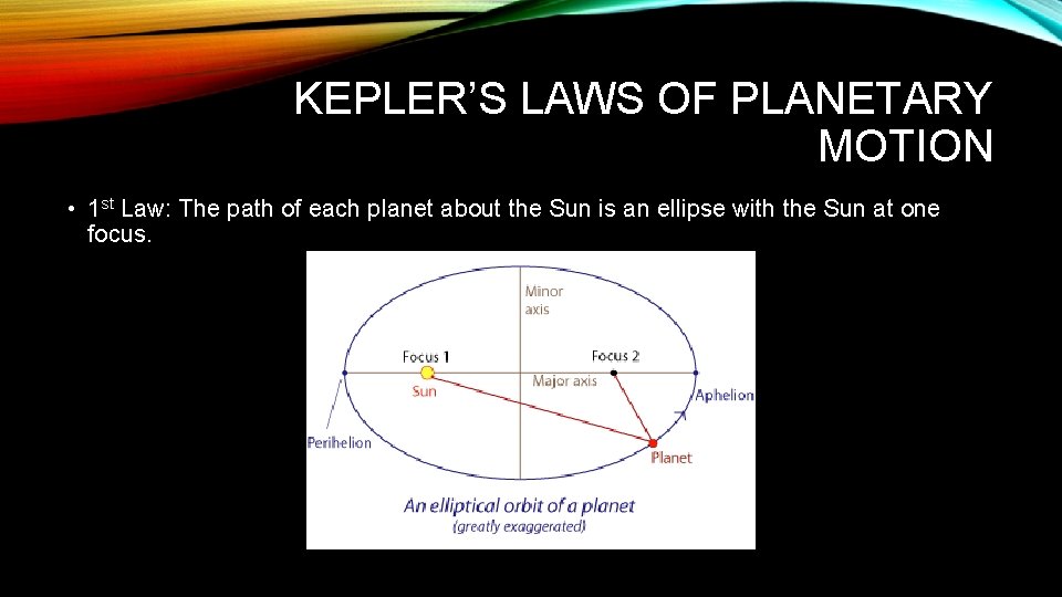 KEPLER’S LAWS OF PLANETARY MOTION • 1 st Law: The path of each planet