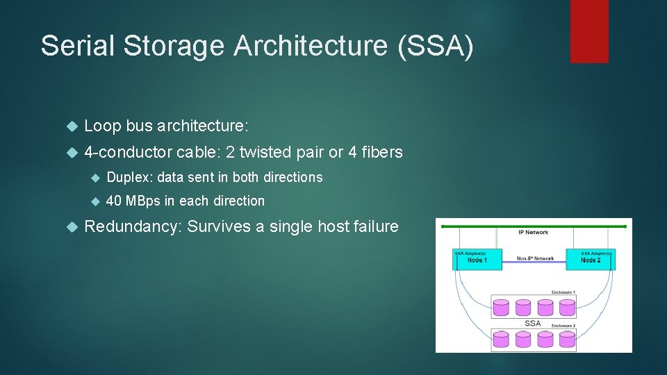 Serial Storage Architecture (SSA) Loop bus architecture: 4 -conductor cable: 2 twisted pair or
