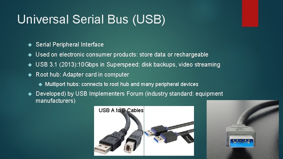 Universal Serial Bus (USB) Serial Peripheral Interface Used on electronic consumer products: store data