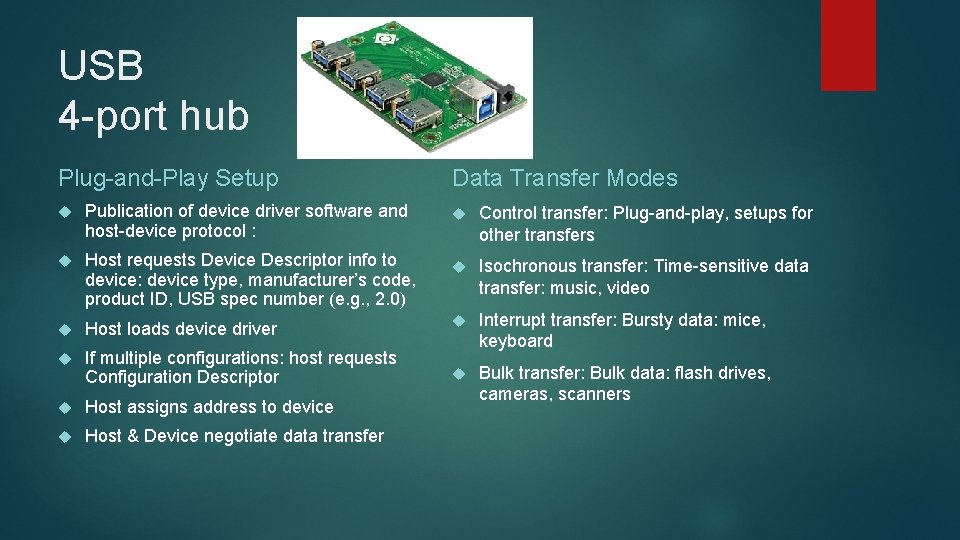 USB 4 -port hub Plug-and-Play Setup Publication of device driver software and host-device protocol
