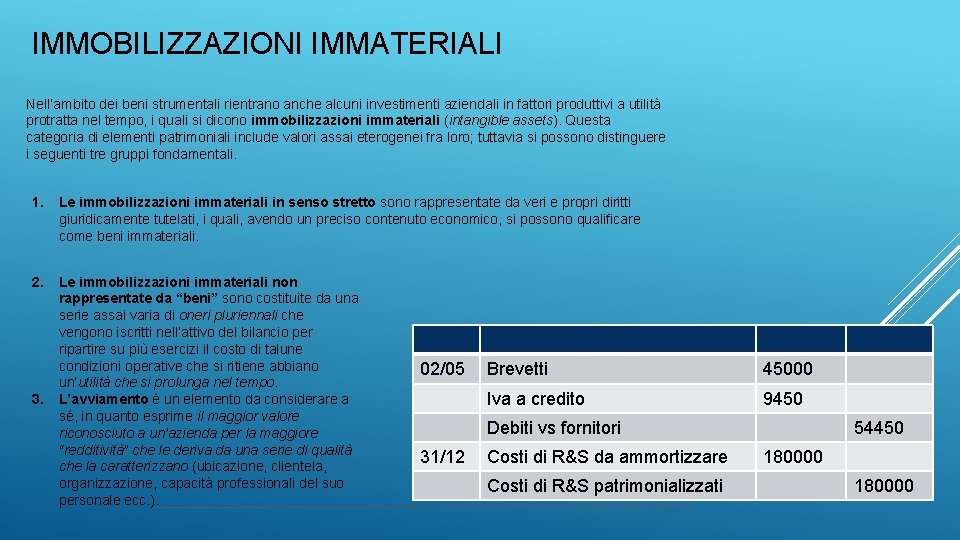 IMMOBILIZZAZIONI IMMATERIALI Nell’ambito dei beni strumentali rientrano anche alcuni investimenti aziendali in fattori produttivi