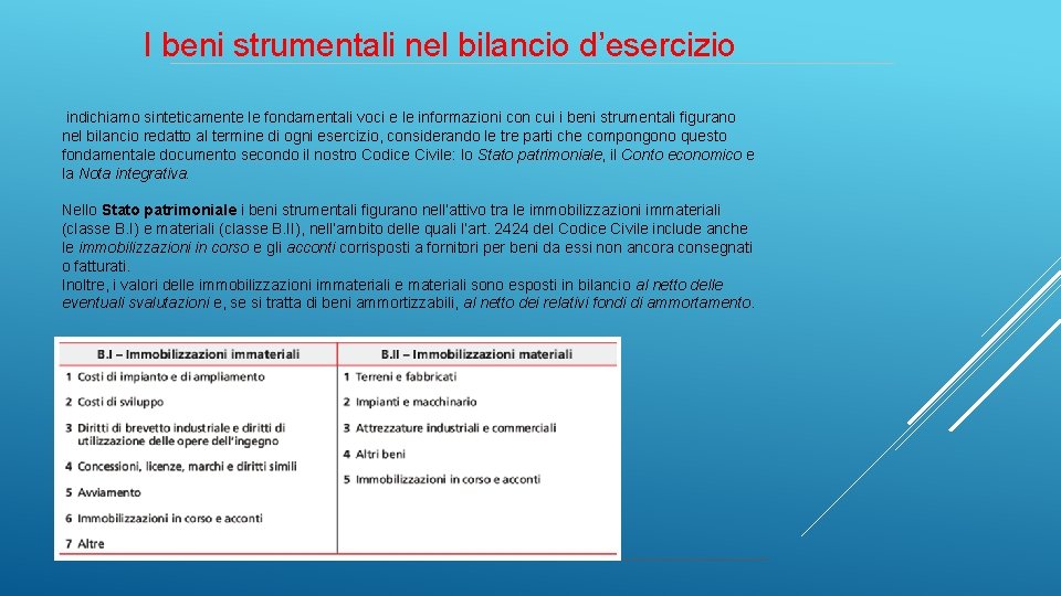 I beni strumentali nel bilancio d’esercizio indichiamo sinteticamente le fondamentali voci e le informazioni