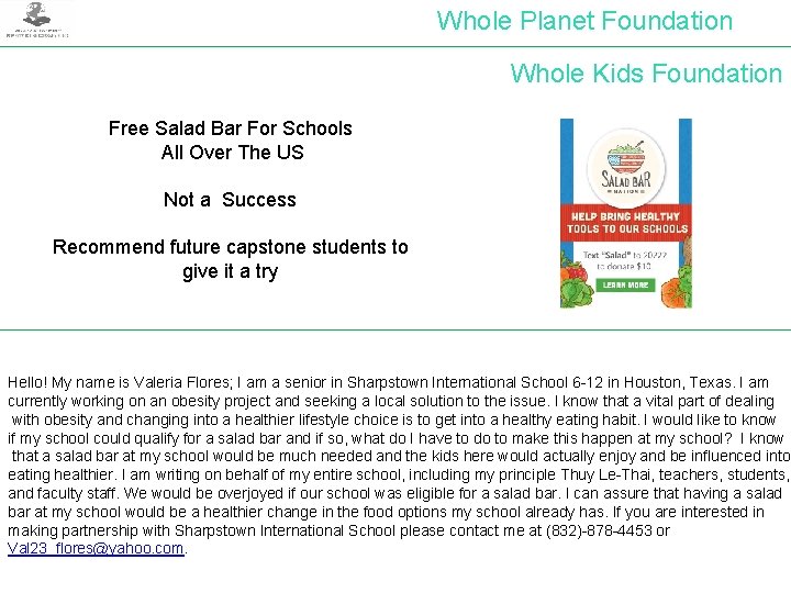 Whole Planet Foundation Whole Kids Foundation Free Salad Bar For Schools All Over The
