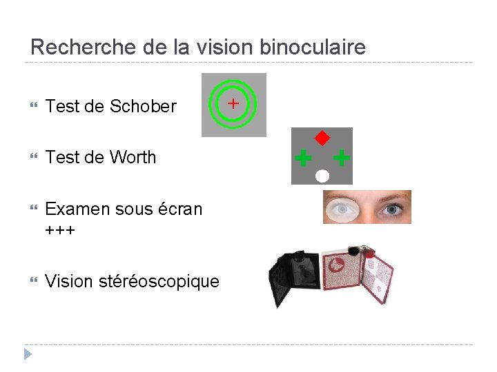 Recherche de la vision binoculaire Test de Schober Test de Worth Examen sous écran