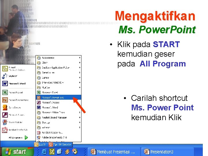 Mengaktifkan Ms. Power. Point • Klik pada START kemudian geser pada All Program •