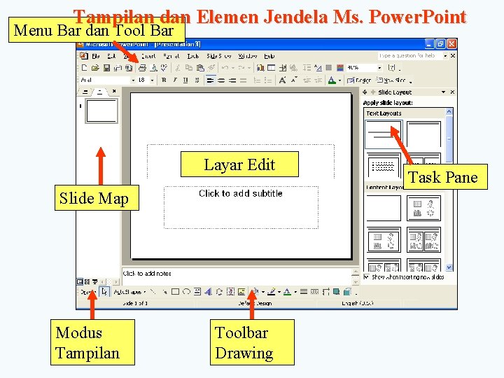 Tampilan dan Elemen Jendela Ms. Power. Point Menu Bar dan Tool Bar Layar Edit