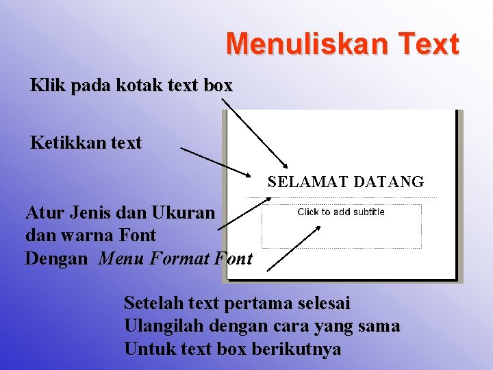 Menuliskan Text Klik pada kotak text box Ketikkan text SELAMAT DATANG Atur Jenis dan