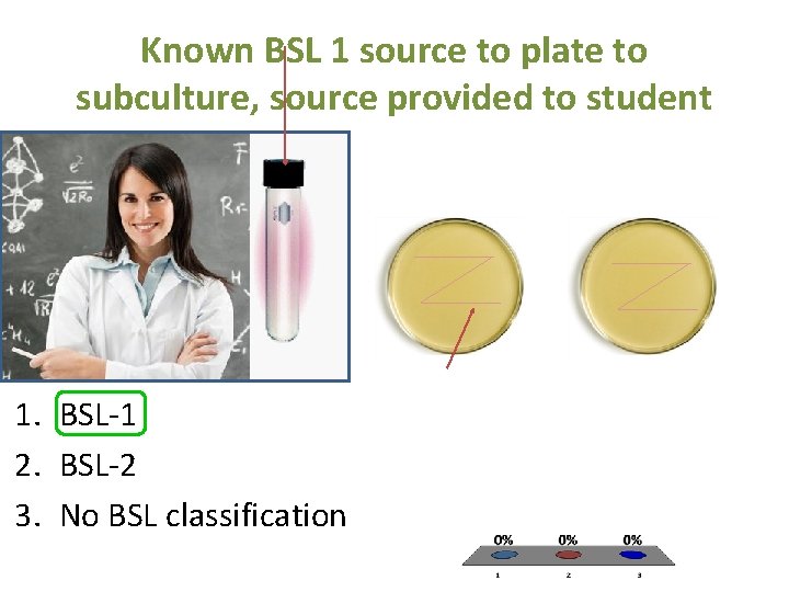 Known BSL 1 source to plate to subculture, source provided to student 1. BSL-1