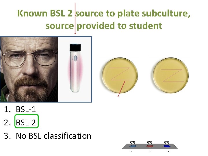 Known BSL 2 source to plate subculture, source provided to student 1. BSL-1 2.