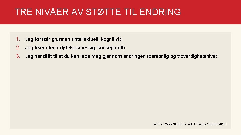 TRE NIVÅER AV STØTTE TIL ENDRING 1. Jeg forstår grunnen (intellektuelt, kognitivt) 2. Jeg