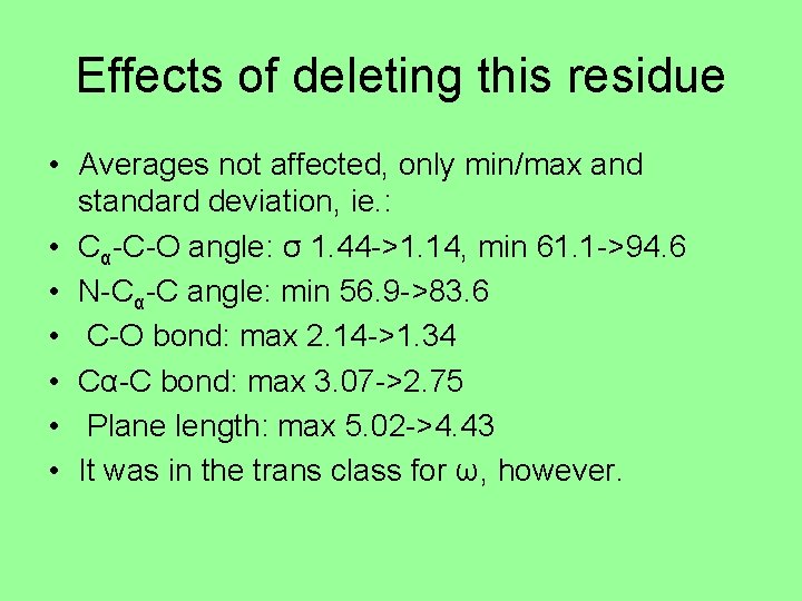 Effects of deleting this residue • Averages not affected, only min/max and standard deviation,