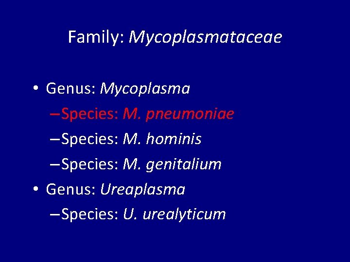 Family: Mycoplasmataceae • Genus: Mycoplasma – Species: M. pneumoniae – Species: M. hominis –