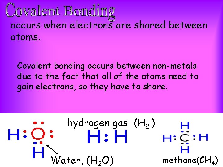 occurs when electrons are shared between atoms. Covalent bonding occurs between non-metals due to