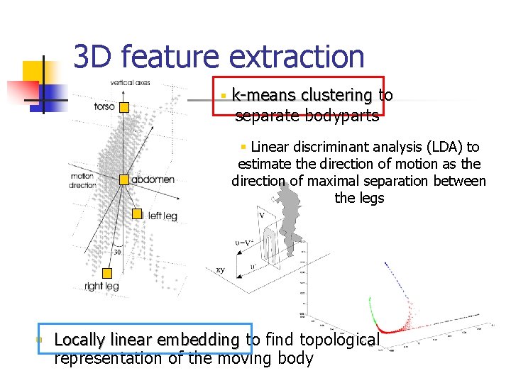 3 D feature extraction § k-means clustering to separate bodyparts § Linear discriminant analysis 3 D feature extraction § k-means clustering to separate bodyparts § Linear discriminant analysis