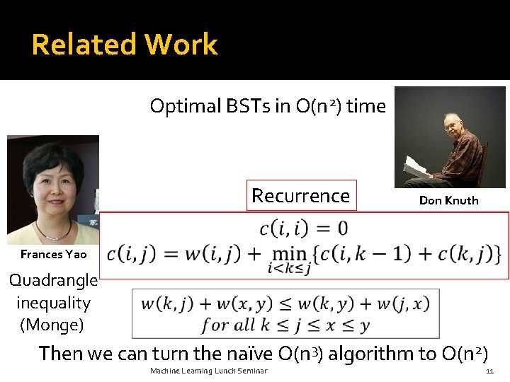 Related Work Optimal BSTs in O(n 2) time Recurrence Don Knuth Frances Yao Quadrangle