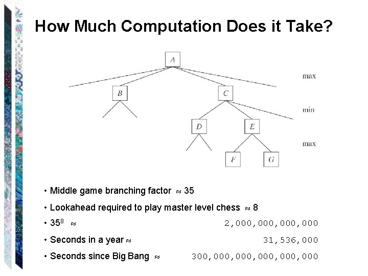 How Much Computation Does it Take? • Middle game branching factor 35 • Lookahead