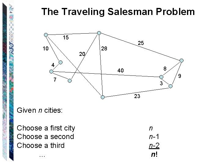 The Traveling Salesman Problem 15 10 20 4 25 28 8 40 9 7