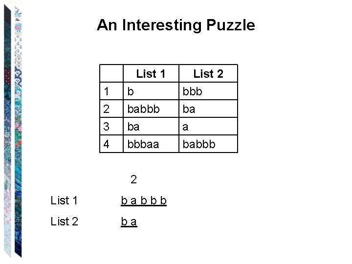 An Interesting Puzzle List 1 1 2 3 b babbb ba List 2 bbb