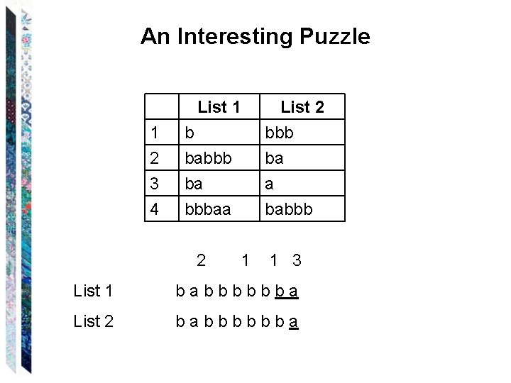 An Interesting Puzzle List 1 1 2 3 b babbb ba List 2 bbb