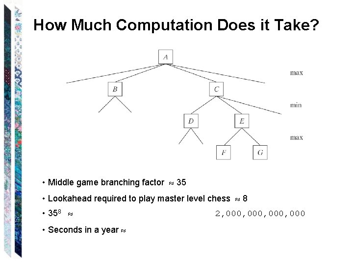 How Much Computation Does it Take? • Middle game branching factor 35 • Lookahead