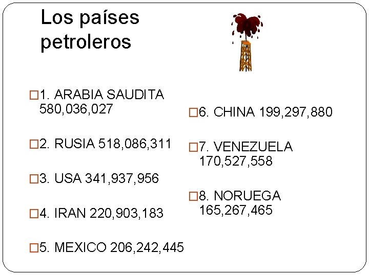Los países petroleros � 1. ARABIA SAUDITA 580, 036, 027 � 2. RUSIA 518,