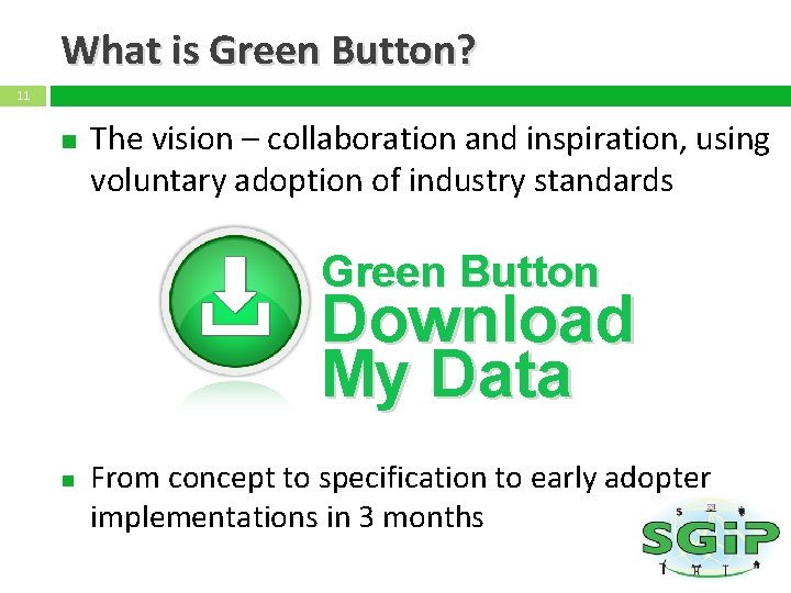 What is Green Button? 11 The vision – collaboration and inspiration, using voluntary adoption