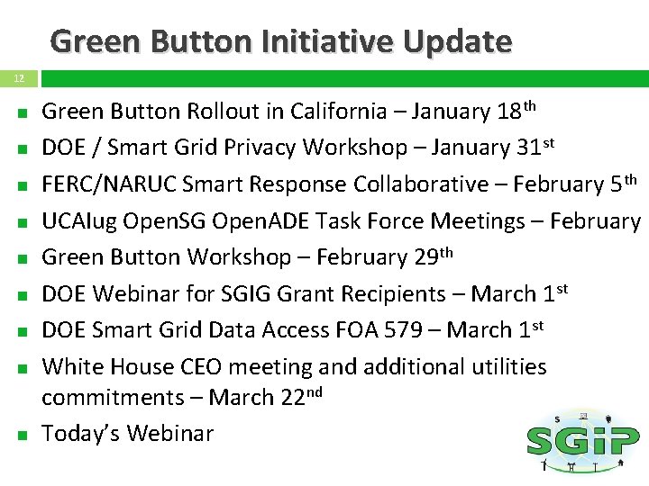 Green Button Initiative Update 12 Green Button Rollout in California – January 18 th