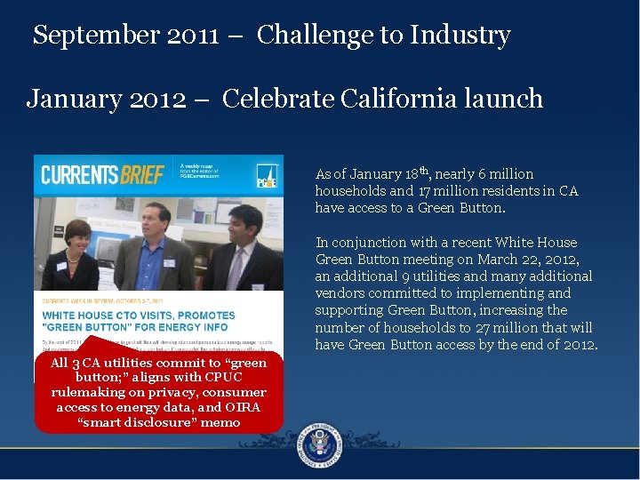 September 2011 – Challenge to Industry January 2012 – Celebrate California launch As of