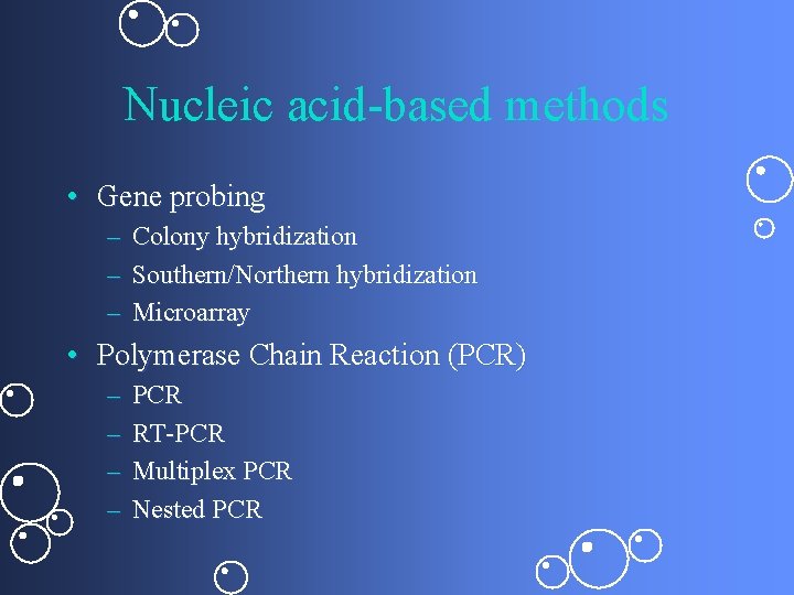 Nucleic acid-based methods • Gene probing – – – Colony hybridization Southern/Northern hybridization Microarray