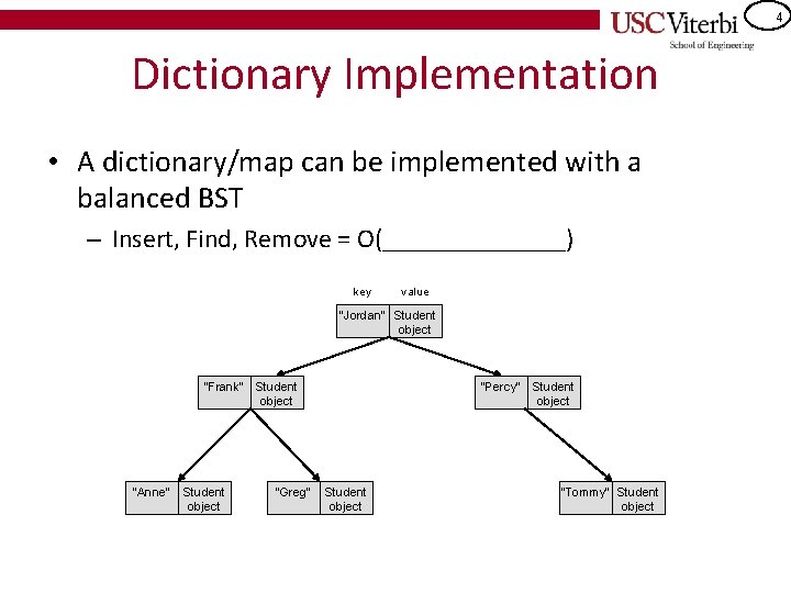 4 Dictionary Implementation • A dictionary/map can be implemented with a balanced BST – 4 Dictionary Implementation • A dictionary/map can be implemented with a balanced BST –