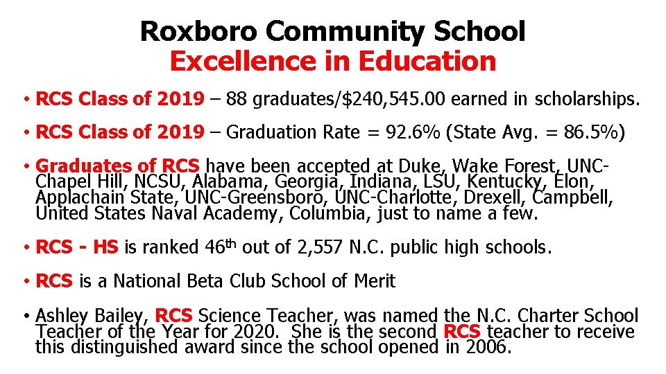 Roxboro Community School Excellence in Education • RCS Class of 2019 – 88 graduates/$240,