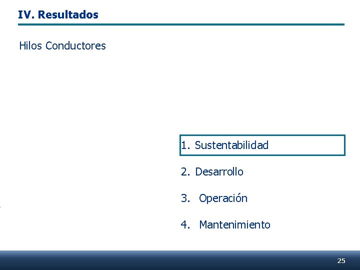IV. Resultados Hilos Conductores 1. Sustentabilidad 2. Desarrollo 3. Operación 4. Mantenimiento 25 