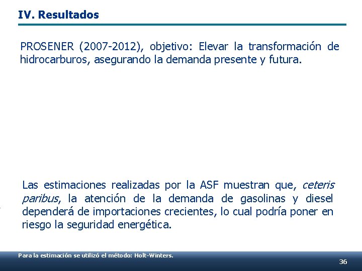 IV. Resultados PROSENER (2007 -2012), objetivo: Elevar la transformación de hidrocarburos, asegurando la demanda