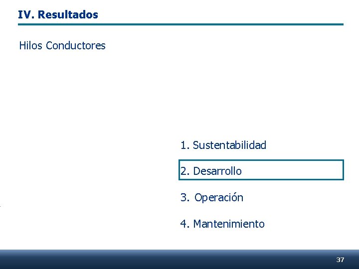 IV. Resultados Hilos Conductores 1. Sustentabilidad 2. Desarrollo 3. Operación 4. Mantenimiento 37 