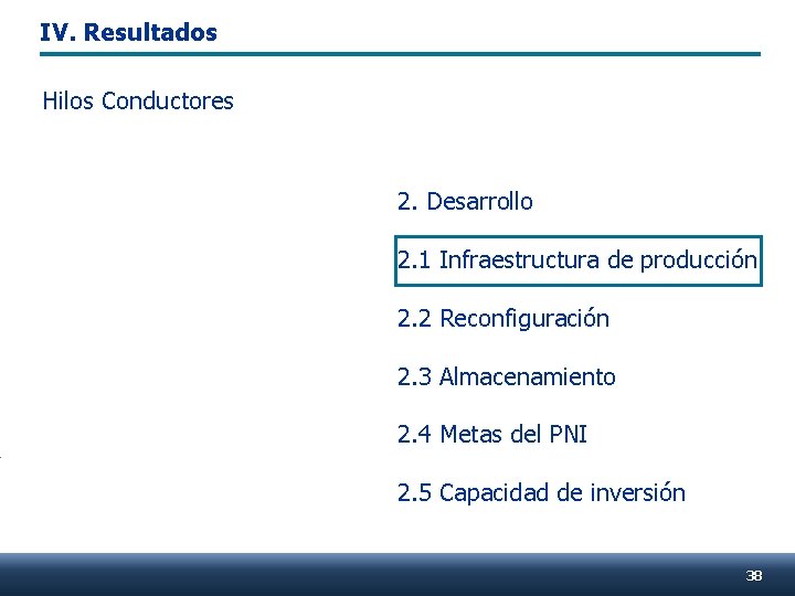 IV. Resultados Hilos Conductores 2. Desarrollo 2. 1 Infraestructura de producción 2. 2 Reconfiguración
