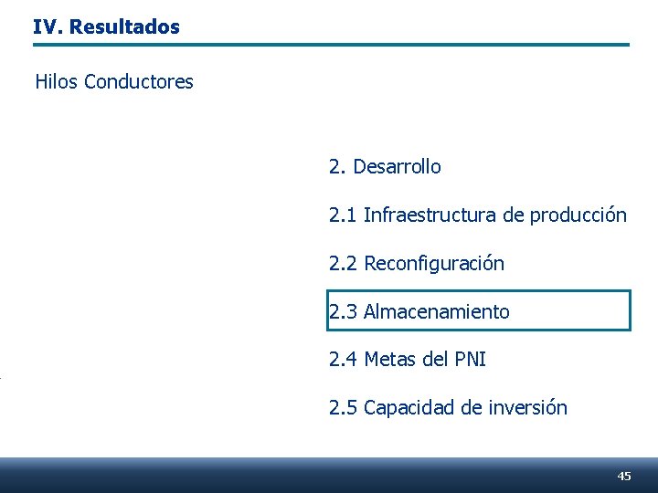 IV. Resultados Hilos Conductores 2. Desarrollo 2. 1 Infraestructura de producción 2. 2 Reconfiguración
