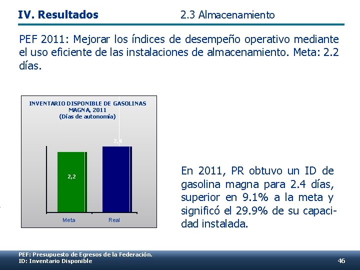 IV. Resultados 2. 3 Almacenamiento PEF 2011: Mejorar los índices de desempeño operativo mediante